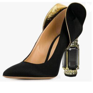 FSJ Black Graceful Satin Pumps Pointed Toe Crystal Block High Heel Slip On Shoes